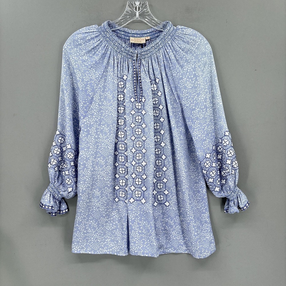 Rungolee Blouse Small Blue Embroidered‎ Balloon Sleeve Tunic Boho Floral Peasant